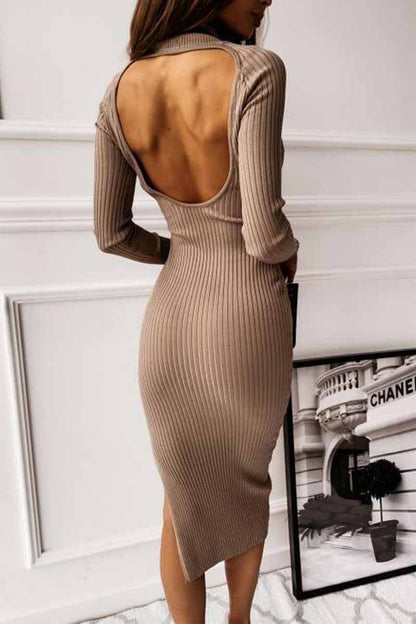 Chicindress Open Back Long Sleeve Solid Color Midi Dresses