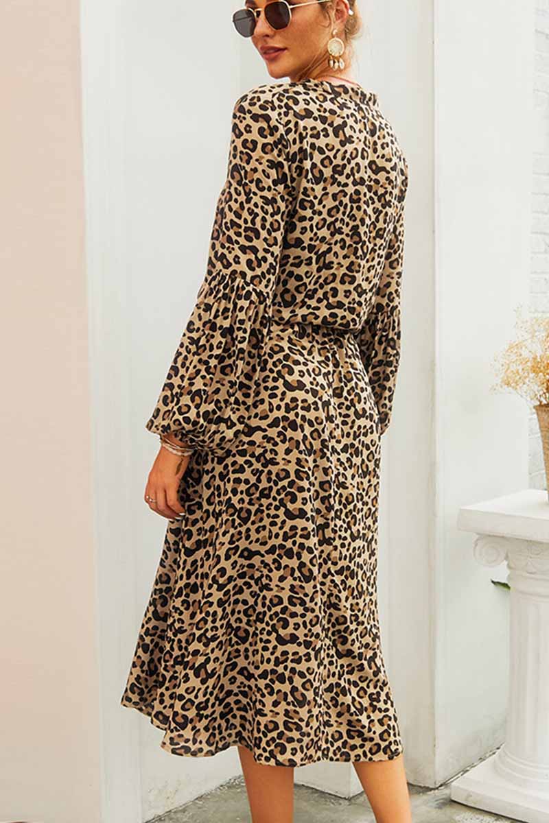 Chicindress Leopard Print V-neck Elegant Midi Dress