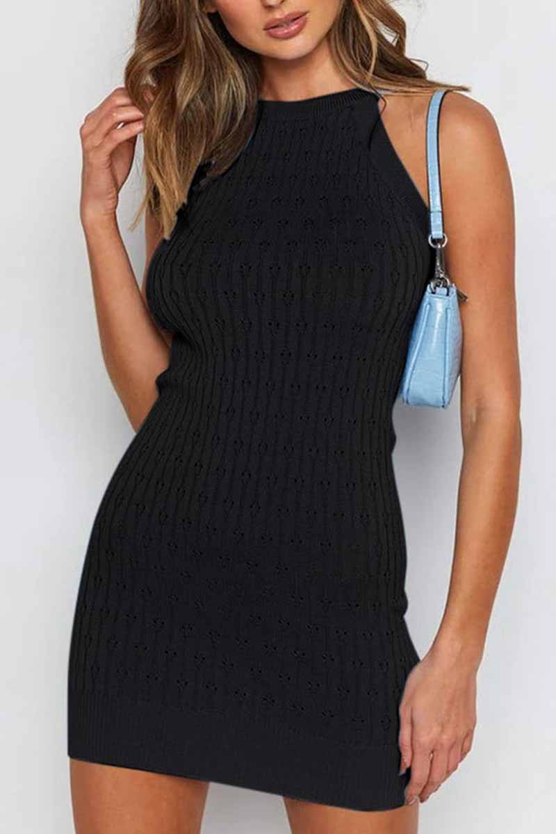 Chicindress Solid Color Sleeveless Striped Knitted Bag Hip Mini Dress