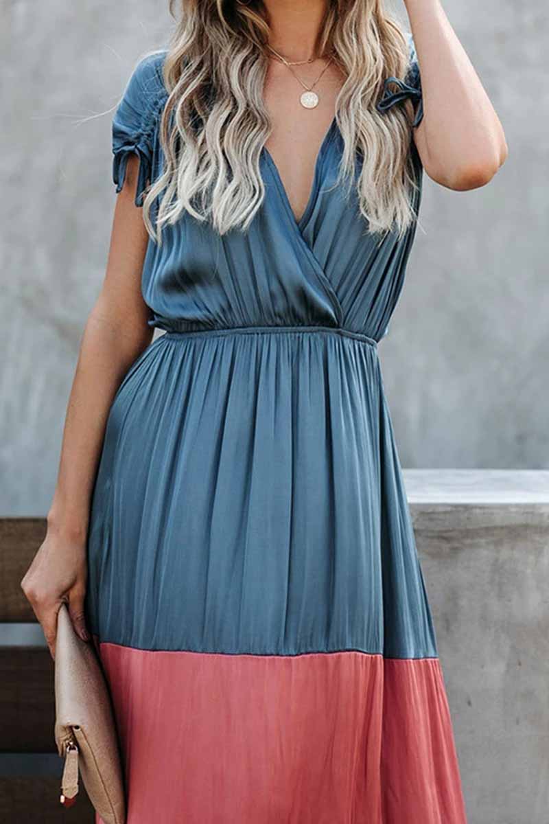Chicindress Summer Loose Multicolor Stitching V-Neck Short Sleeves Midi Dress