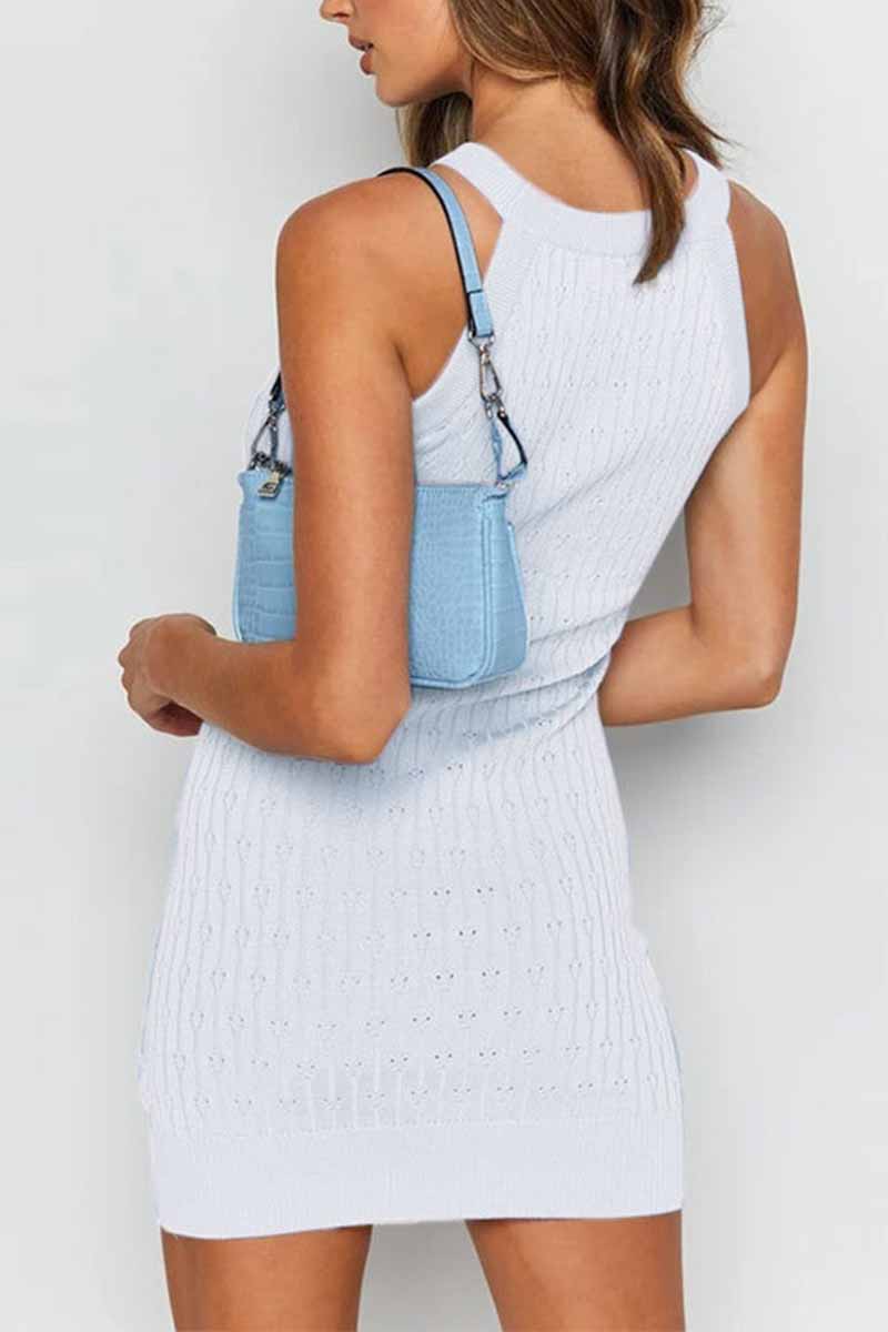 Chicindress Solid Color Sleeveless Striped Knitted Bag Hip Mini Dress