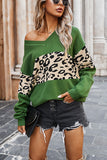 Chicindress Leopard Splice Contrast V-neck Sweater(5 Colors)