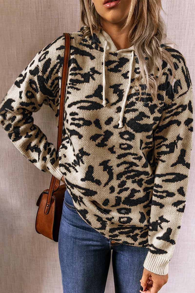 Chicindress Leopard Knit Drawstring Hood Tops(3 Colors)