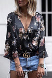 Chicindress Deep V-Neck Flare Sleeve Print Top