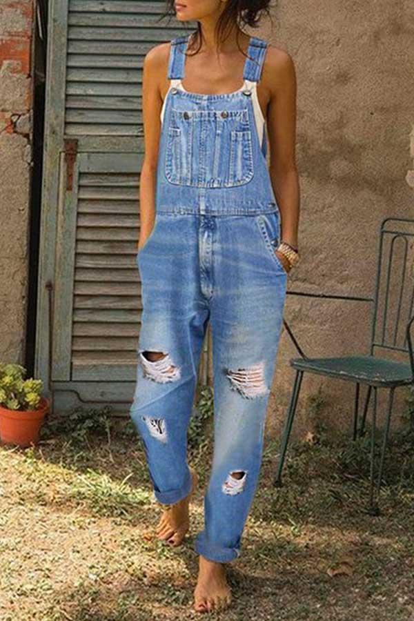 Washed Ripped Hole Denim Overalls