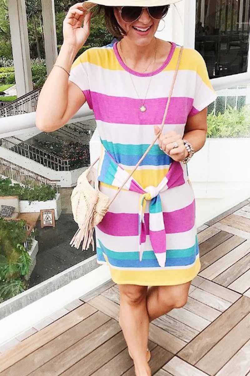 Chicindress Rainbow Striped Knot Design Mini Dress