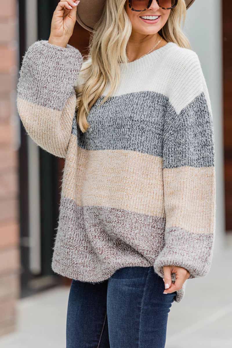 Chicindress Contrast Striped Loose Round Neck Sweater